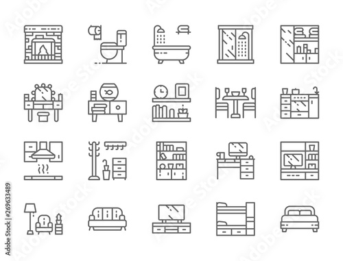 Set of Furniture Line Icons. Fireplace, Toilet, Bathtub, Wardrobe and more.