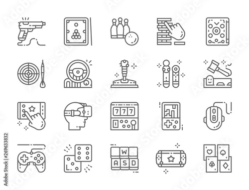 Set of Game Line Icons. Billiards, Bowling, Pinball, Darts, Joystick and more.
