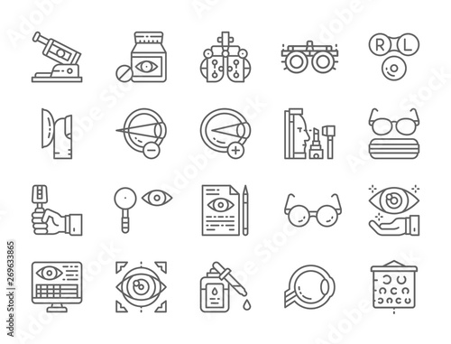 Set of Optometry Line Icons. Vitamins, Optical Clinic, Eye Surgery and more.