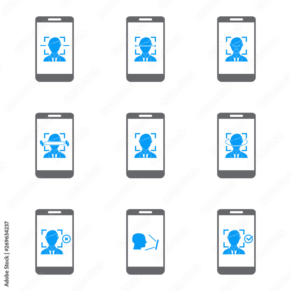 Face recognition. Biometric identification. Facial recognition system. Icon set. Vector Face recognition. Biometric identification. Facial recognition system. Icon set. Vector