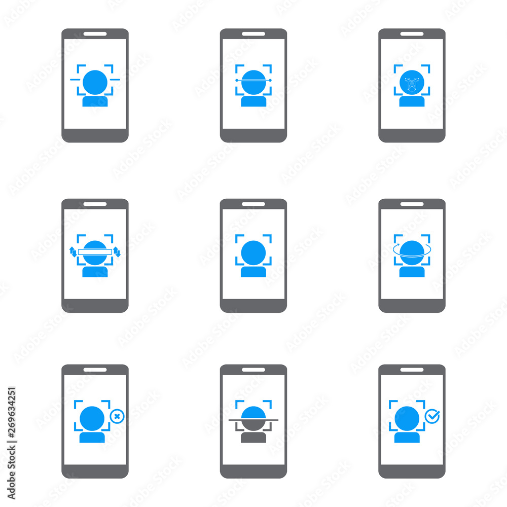 Face recognition. Biometric identification. Facial recognition system. Icon set. Vector
