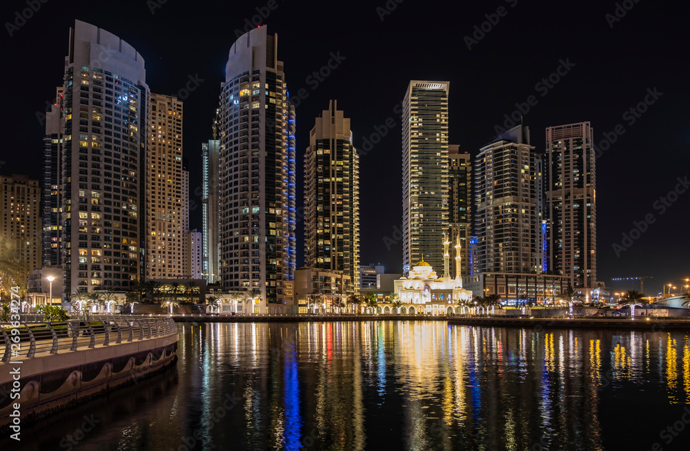 View of Dubai Marina by night, UAE