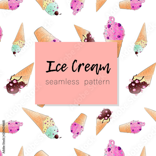 Vector seamless pattern with hand draw illustration stylized watercolour summer ice cream in waffle con on white backgrounds