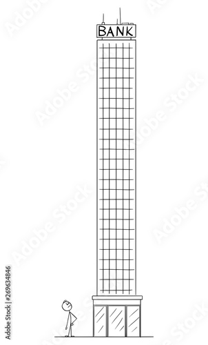 Vector cartoon stick figure drawing conceptual illustration of small man or businessman standing near to high bank business building and looking up.