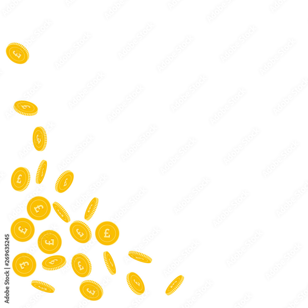 British pound coins falling. Scattered sparse GBP British pound coins falling. Scattered sparse GBP