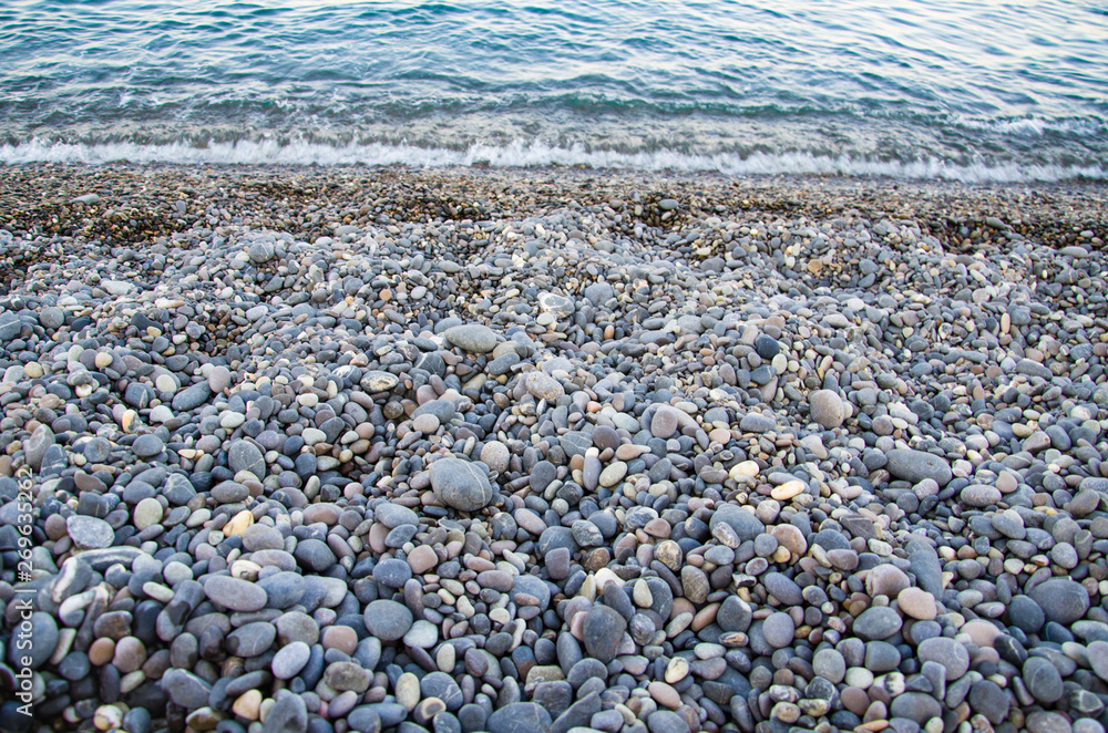 Seascape, view of stone beach and sea waves Seascape, view of stone beach and sea waves