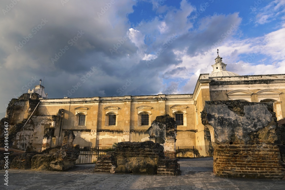 Santo Domingo Monastery Ruins, Spanish Colonial Architecture Damaged By Historic Earthquaqe in Old Town Antigua Guatemala, a UNESCO World Heritage Site 
