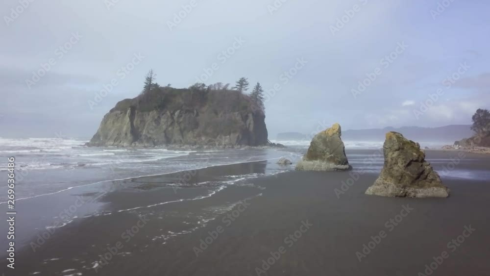 An extended aerial shot of Ruby Beach in Washington State's Olympic National Park. An extended aerial shot of Ruby Beach in Washington State's Olympic National Park.
