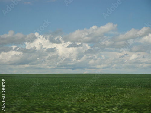 Landscape green field and blue sky clouds 