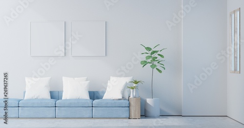 Empty living room with white wall and light blue sofa  Two blank posters on white wall  3D Rendering