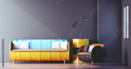 Steel Drum Furniture in Loft Room Design, Living room, Minimal, 3D Rendering photo