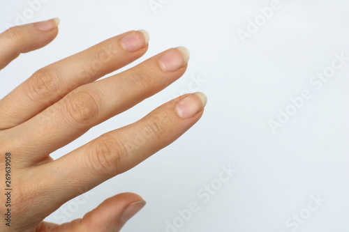 Close up five dirty hand nails on white background have copy space for put text. Concept unhealthy because can have bacteria make sick people