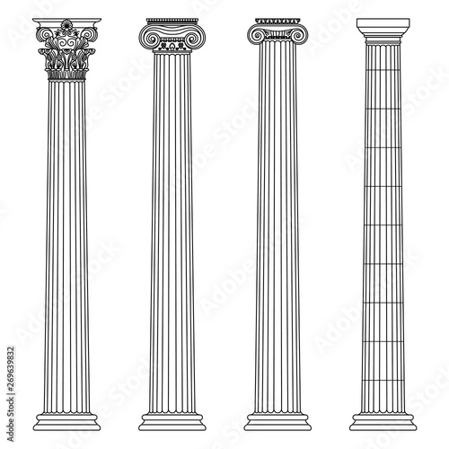 A set of antique Greek and historical columns with Ionic  Doric and Corinthian capitals Vector line illustration.