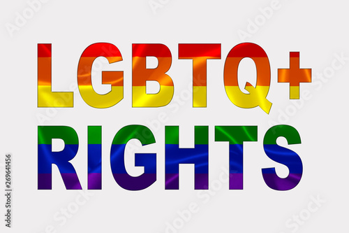 LGBTQ+ Rights Words over Rainbow Flag.