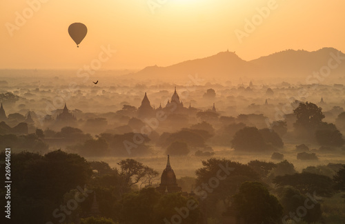Spectacular view of Bagan plain at sunrise. One of the most tourist attraction place in Myanmar.