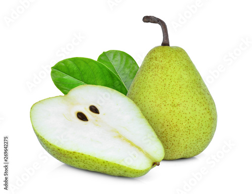 whole and half green packham pear with green leaf isolated on white background
