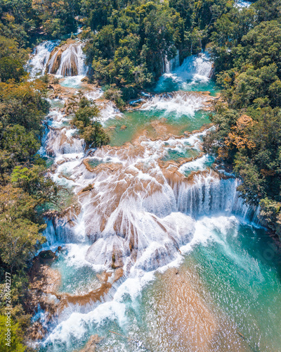 Aerial view of the majestic turquoise waterfalls at Agua Azul in Chiapas  Mexico