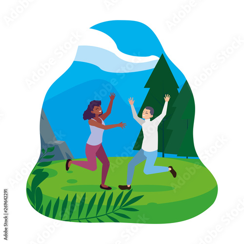 interracial young couple celebrating in the camp