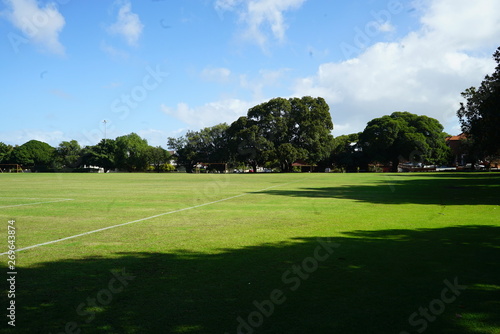 an empty green park with a soccer field
