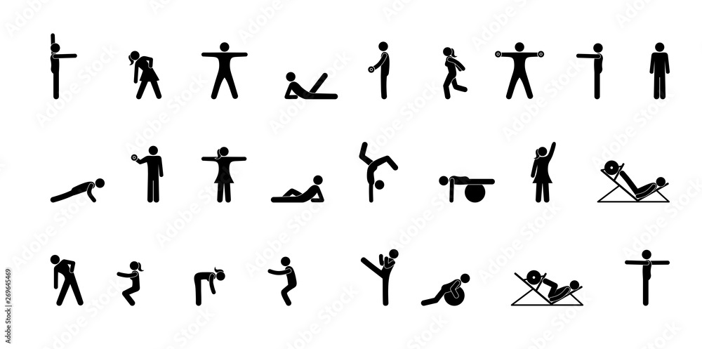 stick figures people do gymnastics set of silhouettes exercise pictogram man