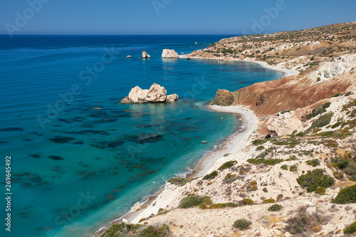 Petra tou Romiou or Aphrodite Rock Beach, one of the main attractions and landmarks of Cyprus island.