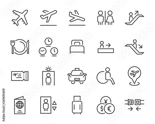 set of airport icons, such as airplane, ticket, world time, passport, money exchange, transport