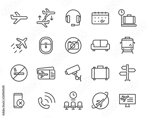 set of airport icons, such as airplane, ticket, world time, passport, money exchange, transport