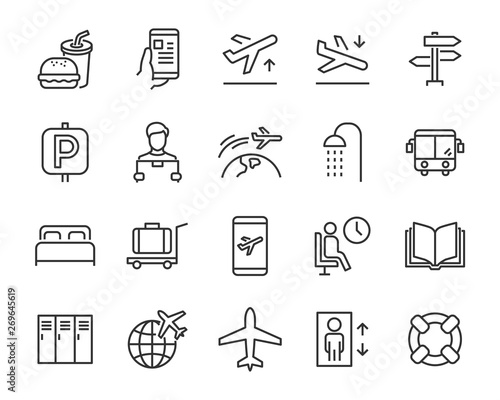 set of airport icons, such as airplane, ticket, world time, passport, money exchange, transport