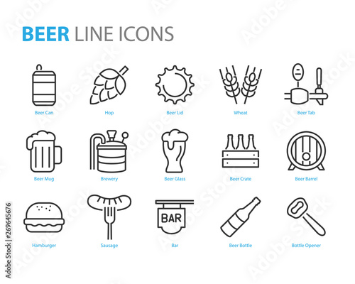 set of alcohol icons such as, beer, wheat, hop, glass, mug
