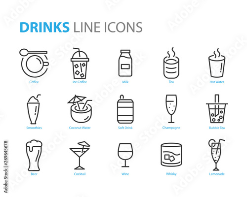 set of drinks icons, such as, water, soft drink, wine, whisky, beer, milk, tea, coffee, champange, bar, cafe