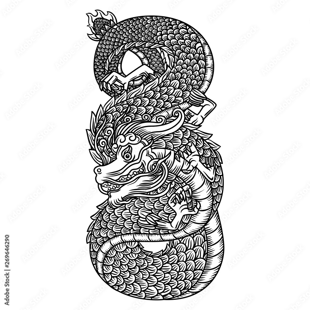 carved dragon illustration black and white hand drawing vector Stock ...