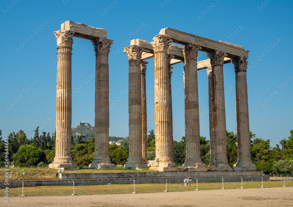 View of the ancient ruins and colonnade of Zeus Olympic Temple in Athens, Greece