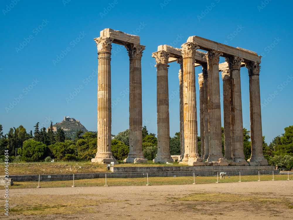 View of the ancient ruins and colonnade of Zeus Olympic Temple in Athens, Greece