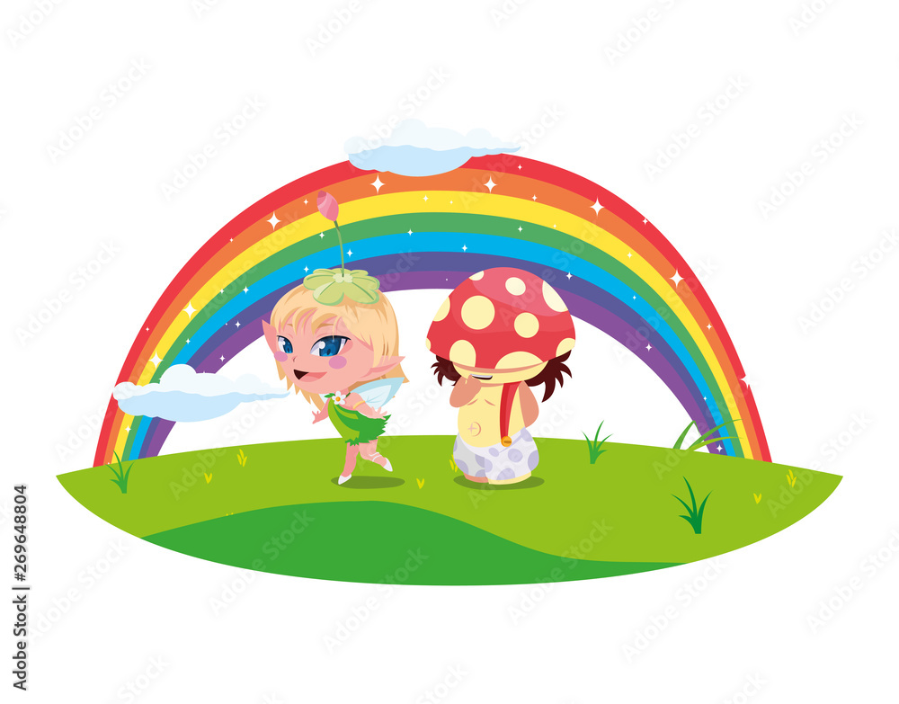 beautiful magic fairy and fungu elf with rainbow scene beautiful magic fairy and fungu elf with rainbow scene
