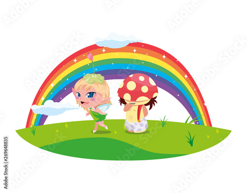 beautiful magic fairy and fungu elf with rainbow scene