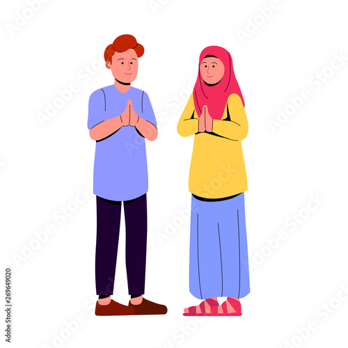 Two Young Muslim Couple Praying Gesture, Eid Mubarak Greeting Cartoon Illustration