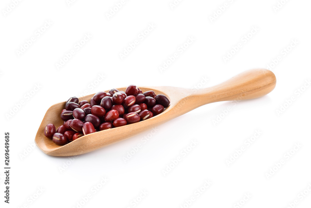 Red bean seeds In wood scoop on white background Red bean seeds In wood scoop on white background