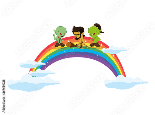 ugly trolls with caveman gnome and rainbow scene
