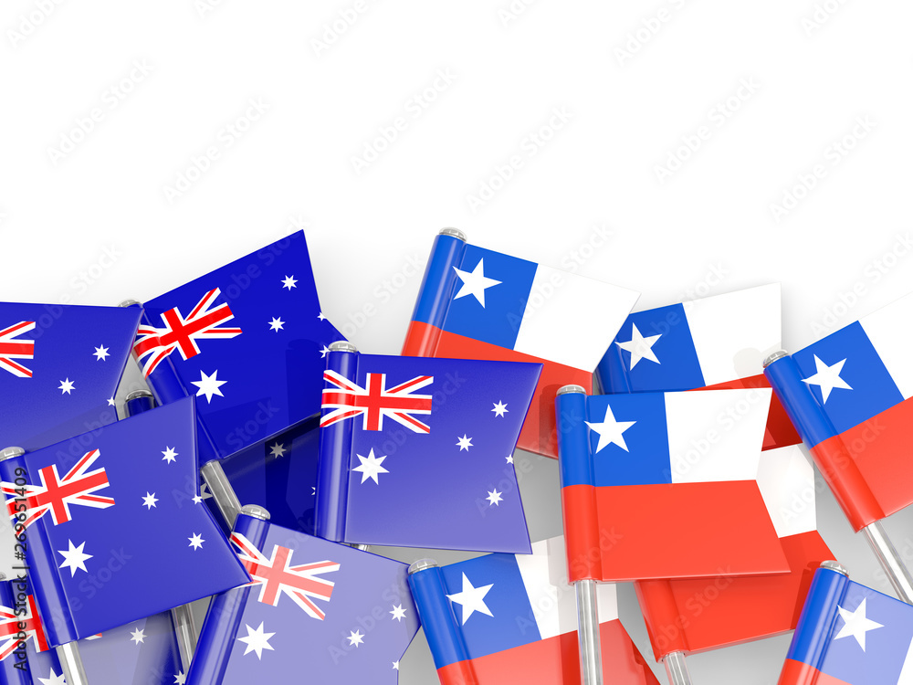 Pins with flags of Australia and chile isolated on white. Pins with flags of Australia and chile isolated on white.