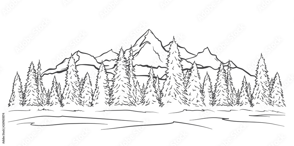 Hand drawn Mountains sketch landscape with peaks and pine forest. Line design