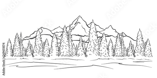 Hand drawn Mountains sketch landscape with peaks and pine forest. Line design