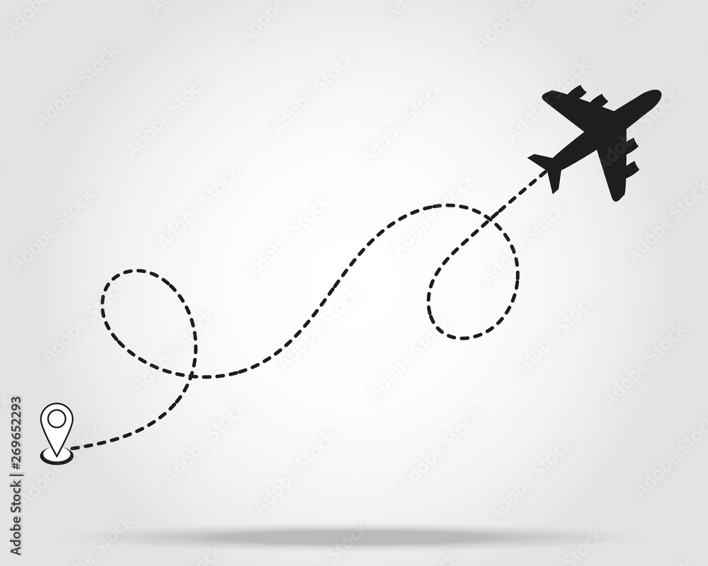 Airplane line path vector icon of start point and dash line trace for air trip or travel Airplane line path vector icon of start point and dash line trace for air trip or travel