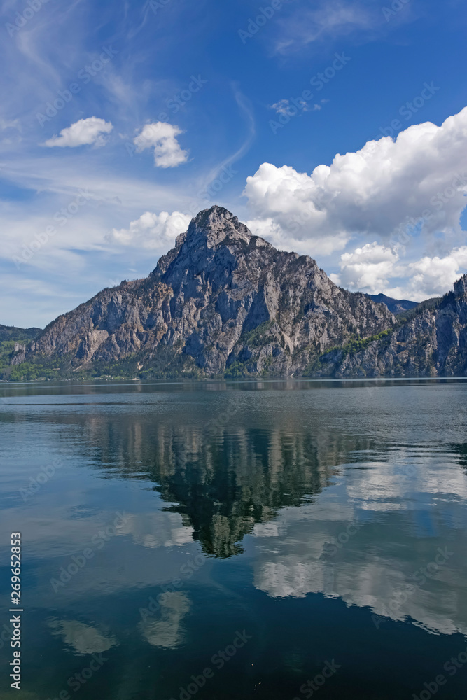 Traunstein Mountain reflection in Lake Traunsee, Austria