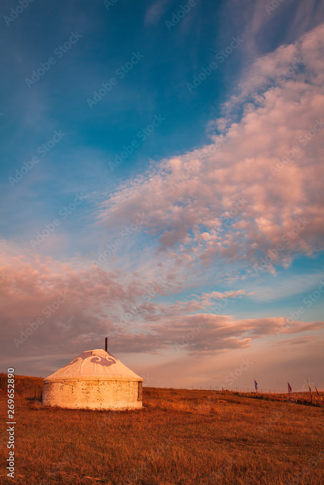 Camp of yurt in grassland of Hulunbeier in North China in autumn