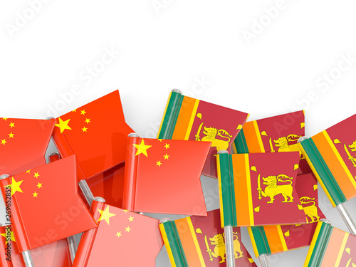 Pins with flags of China and sri lanka isolated on white.