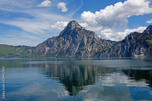 Traunstein Mountain reflection in Lake Traunsee  Austria