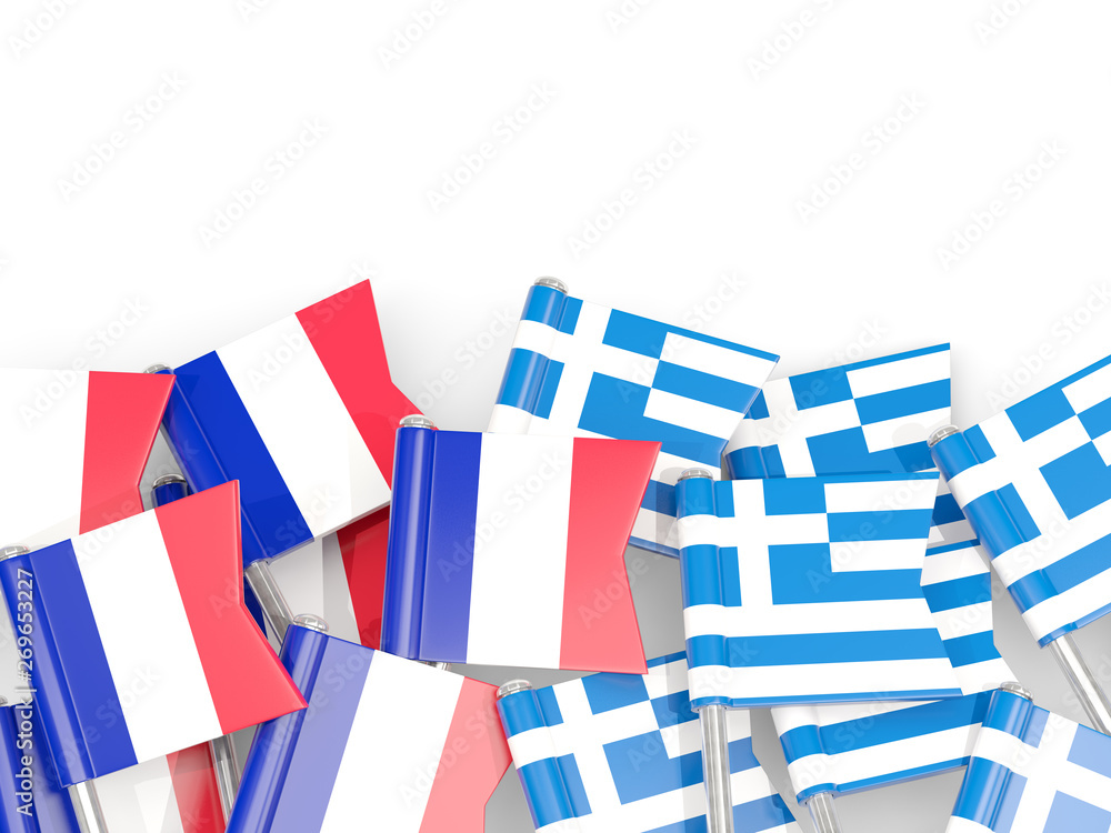 Pins with flags of France and greece isolated on white. Pins with flags of France and greece isolated on white.