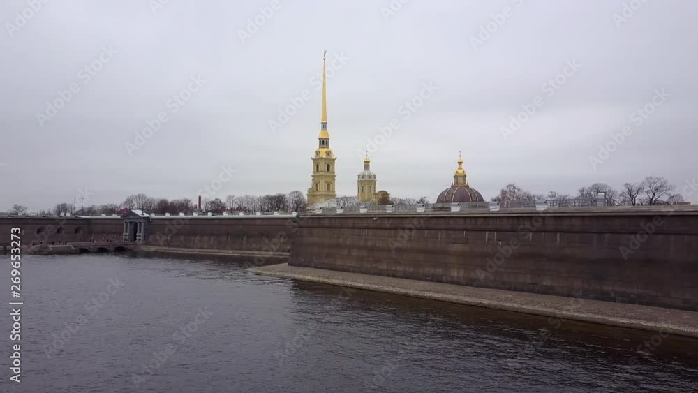 Aerial view; drone flight over Petropavlovskaya fortress; most visited attractions in Saint Petersburg; historical place of culture capital of Russia on Neva; typical cloudy weather near Baltic sea Aerial view; drone flight over Petropavlovskaya fortress; most visited attractions in Saint Petersburg; historical place of culture capital of Russia on Neva; typical cloudy weather near Baltic sea