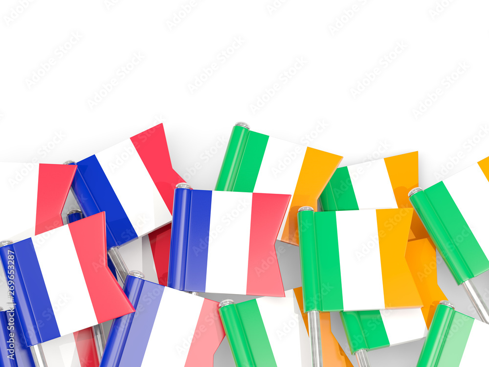 Pins with flags of France and ireland isolated on white. Pins with flags of France and ireland isolated on white.