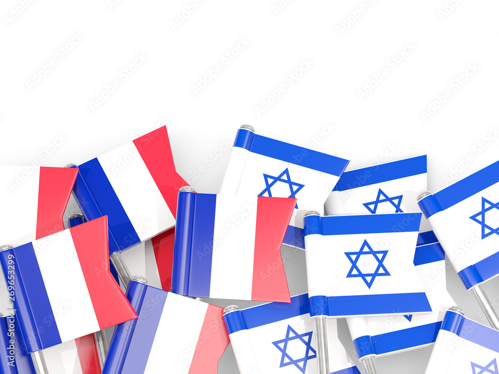 Fototapeta premium Pins with flags of France and israel isolated on white.